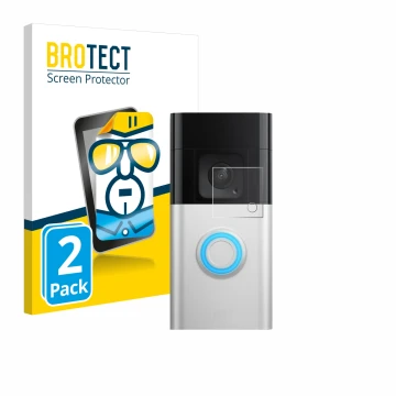 Parte frontale di una confezione del prodotto con il logo del marchio BROTECT. Accanto è raffigurato il dispositivo Ring Video