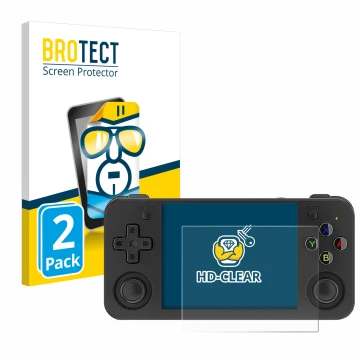 Parte frontale di una confezione del prodotto con il logo del marchio BROTECT. Accanto è raffigurato il dispositivo Anbernic R