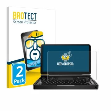 Parte frontale di una confezione del prodotto con il logo del marchio BROTECT. Accanto è raffigurato il dispositivo GPD Win Mi