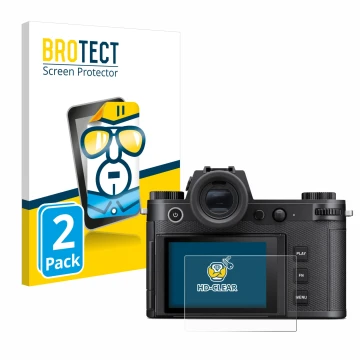 Parte frontale di una confezione del prodotto con il logo del marchio BROTECT. Accanto è raffigurato il dispositivo Leica SL3 