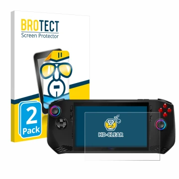 Parte frontale di una confezione del prodotto con il logo del marchio BROTECT. Accanto è raffigurato il dispositivo MSI Claw A