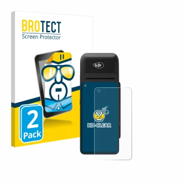 Parte frontale di una confezione del prodotto con il logo del marchio BROTECT. Accanto è raffigurato il dispositivo Verifone T