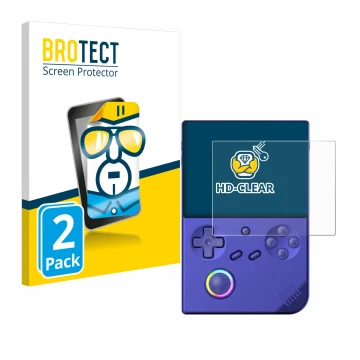 Parte frontale di una confezione del prodotto con il logo del marchio BROTECT. Accanto è raffigurato il dispositivo Anbernic R