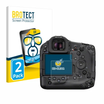 Parte frontale di una confezione del prodotto con il logo del marchio BROTECT. Accanto è raffigurato il dispositivo Canon EOS 