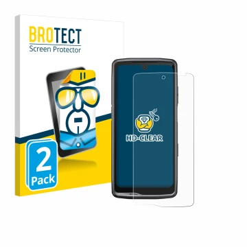 Parte frontale di una confezione del prodotto con il logo del marchio BROTECT. Accanto è raffigurato il dispositivo Crosscall 