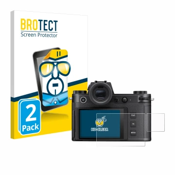 Parte frontale di una confezione del prodotto con il logo del marchio BROTECT. Accanto è raffigurato il dispositivo Leica SL3-