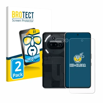 Parte frontale di una confezione del prodotto con il logo del marchio BROTECT. Accanto è raffigurato il dispositivo Nothing Ph