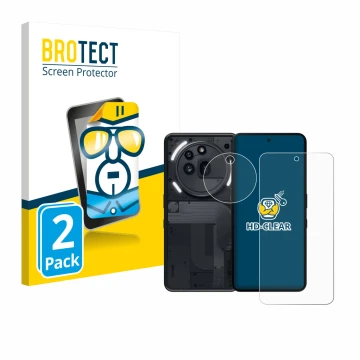 Parte frontale di una confezione del prodotto con il logo del marchio BROTECT. Accanto è raffigurato il dispositivo Nothing Ph