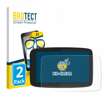 Parte frontale di una confezione del prodotto con il logo del marchio BROTECT. Accanto è raffigurato il dispositivo TomTom GO 