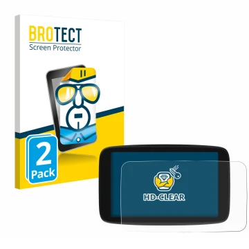 Parte frontale di una confezione del prodotto con il logo del marchio BROTECT. Accanto è raffigurato il dispositivo TomTom Go 