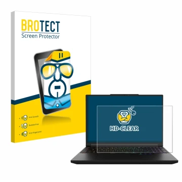 Parte frontale di una confezione del prodotto con il logo del marchio BROTECT. Accanto è raffigurato il dispositivo XMG Pro 16