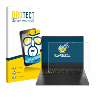 Parte frontale di una confezione del prodotto con il logo del marchio BROTECT. Accanto è raffigurato il dispositivo HP Omen Tr