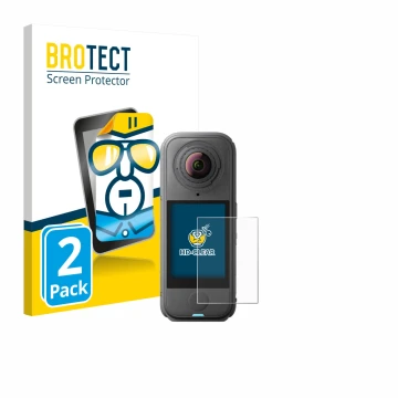Parte frontale di una confezione del prodotto con il logo del marchio BROTECT. Accanto è raffigurato il dispositivo Insta360 X