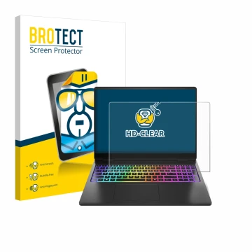 Parte frontale di una confezione del prodotto con il logo del marchio BROTECT. Accanto è raffigurato il dispositivo HP Omen Ma