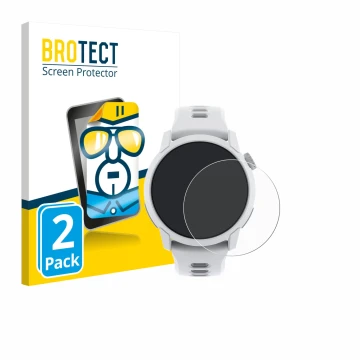 Parte frontale di una confezione del prodotto con il logo del marchio BROTECT. Accanto è raffigurato il dispositivo Coros Pace