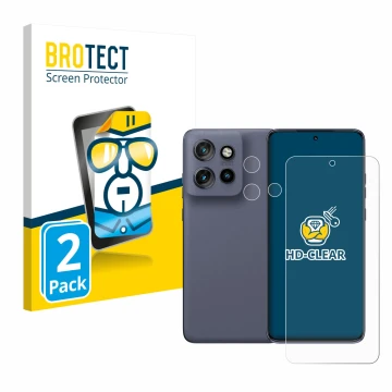 Parte frontale di una confezione del prodotto con il logo del marchio BROTECT. Accanto è raffigurato il dispositivo Motorola E