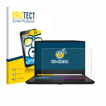 Parte frontale di una confezione del prodotto con il logo del marchio BROTECT. Accanto è raffigurato il dispositivo MSI Katana