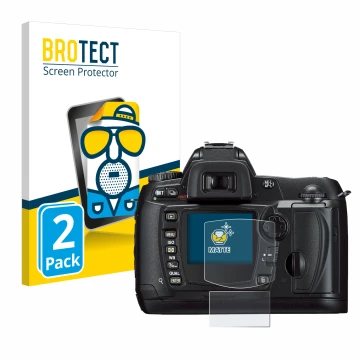Parte frontale di una confezione del prodotto con il logo del marchio BROTECT. Accanto è raffigurato il dispositivo Nikon D70 