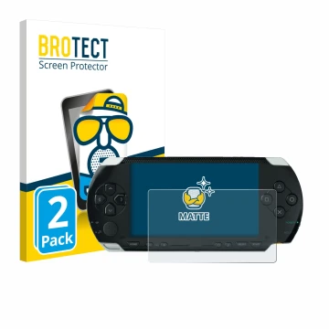 Parte frontale di una confezione del prodotto con il logo del marchio BROTECT. Accanto è raffigurato il dispositivo Sony PSP 1