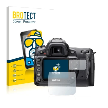 Parte frontale di una confezione del prodotto con il logo del marchio BROTECT. Accanto è raffigurato il dispositivo Nikon D80 