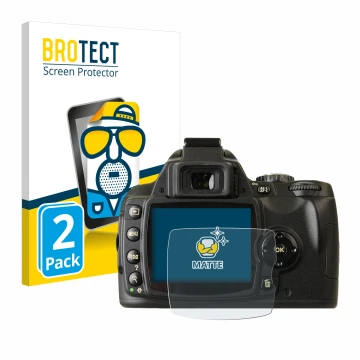 Parte frontale di una confezione del prodotto con il logo del marchio BROTECT. Accanto è raffigurato il dispositivo Nikon D40x