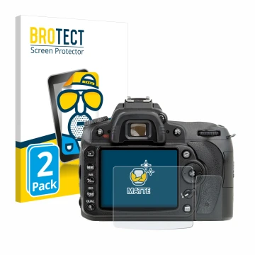 Parte frontale di una confezione del prodotto con il logo del marchio BROTECT. Accanto è raffigurato il dispositivo Nikon D90 