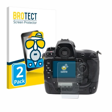 Parte frontale di una confezione del prodotto con il logo del marchio BROTECT. Accanto è raffigurato il dispositivo Nikon D3x 
