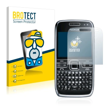 Parte frontale di una confezione del prodotto con il logo del marchio BROTECT. Accanto è raffigurato il dispositivo Nokia E72 