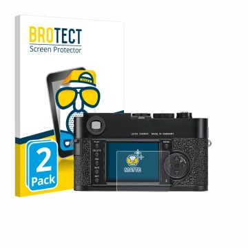 Parte frontale di una confezione del prodotto con il logo del marchio BROTECT. Accanto è raffigurato il dispositivo Leica M9 c