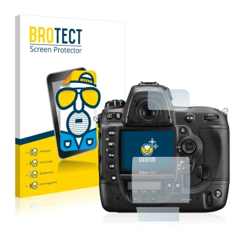 Parte frontale di una confezione del prodotto con il logo del marchio BROTECT. Accanto è raffigurato il dispositivo Nikon D3S 