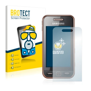 Parte frontale di una confezione del prodotto con il logo del marchio BROTECT. Accanto è raffigurato il dispositivo Samsung GT