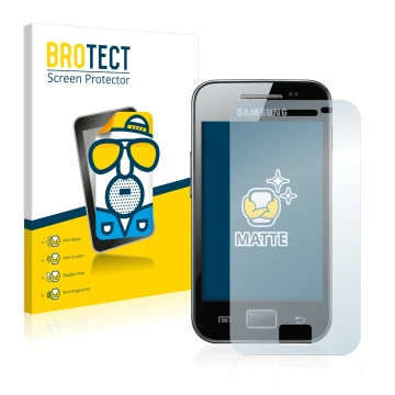 Parte frontale di una confezione del prodotto con il logo del marchio BROTECT. Accanto è raffigurato il dispositivo Samsung Ga