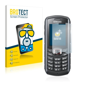 Parte frontale di una confezione del prodotto con il logo del marchio BROTECT. Accanto è raffigurato il dispositivo Samsung GT
