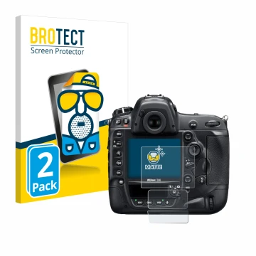 Parte frontale di una confezione del prodotto con il logo del marchio BROTECT. Accanto è raffigurato il dispositivo Nikon D4 c