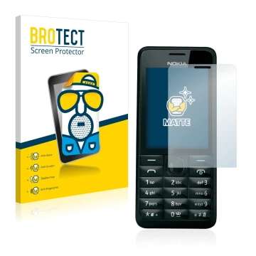 Parte frontale di una confezione del prodotto con il logo del marchio BROTECT. Accanto è raffigurato il dispositivo Nokia 301 