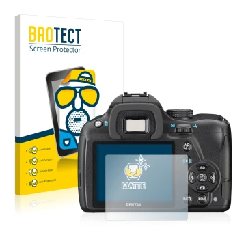 Parte frontale di una confezione del prodotto con il logo del marchio BROTECT. Accanto è raffigurato il dispositivo Pentax K-5