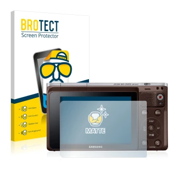Parte frontale di una confezione del prodotto con il logo del marchio BROTECT. Accanto è raffigurato il dispositivo Samsung NX