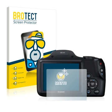 Parte frontale di una confezione del prodotto con il logo del marchio BROTECT. Accanto è raffigurato il dispositivo Canon Powe