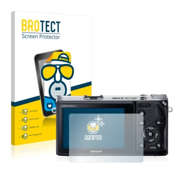 Parte frontale di una confezione del prodotto con il logo del marchio BROTECT. Accanto è raffigurato il dispositivo Samsung NX