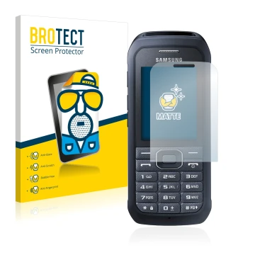 Parte frontale di una confezione del prodotto con il logo del marchio BROTECT. Accanto è raffigurato il dispositivo Samsung Xc