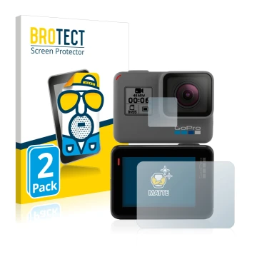 Parte frontale di una confezione del prodotto con il logo del marchio BROTECT. Accanto è raffigurato il dispositivo GoPro Hero