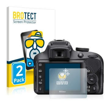 Parte frontale di una confezione del prodotto con il logo del marchio BROTECT. Accanto è raffigurato il dispositivo Nikon D340
