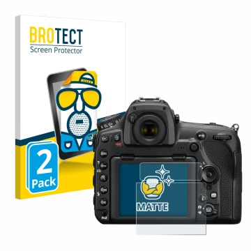 Parte frontale di una confezione del prodotto con il logo del marchio BROTECT. Accanto è raffigurato il dispositivo Nikon D850