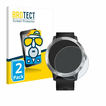Parte frontale di una confezione del prodotto con il logo del marchio BROTECT. Accanto è raffigurato il dispositivo Garmin viv