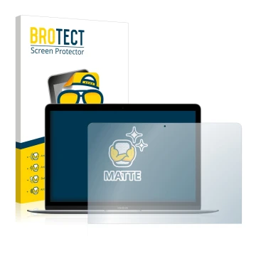 Parte frontale di una confezione del prodotto con il logo del marchio BROTECT. Accanto è raffigurato il dispositivo Apple MacB