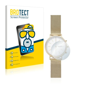 Parte frontale di una confezione del prodotto con il logo del marchio BROTECT. Accanto è raffigurato il dispositivo Skagen Hyb