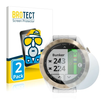 Parte frontale di una confezione del prodotto con il logo del marchio BROTECT. Accanto è raffigurato il dispositivo Garmin App