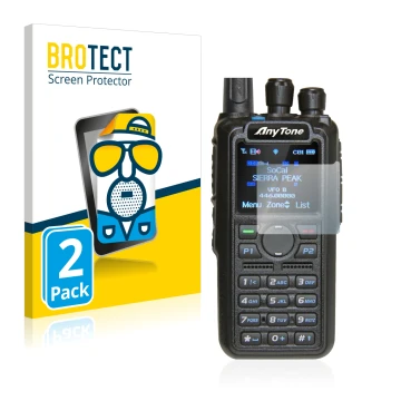 Parte frontale di una confezione del prodotto con il logo del marchio BROTECT. Accanto è raffigurato il dispositivo AnyTone AT