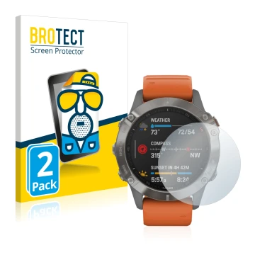 Parte frontale di una confezione del prodotto con il logo del marchio BROTECT. Accanto è raffigurato il dispositivo Garmin Fen