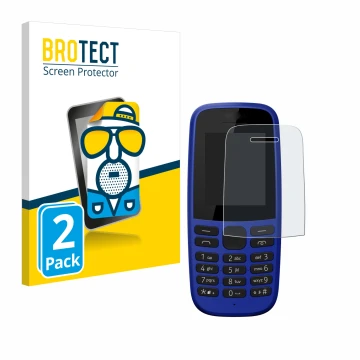 Parte frontale di una confezione del prodotto con il logo del marchio BROTECT. Accanto è raffigurato il dispositivo Nokia 105 